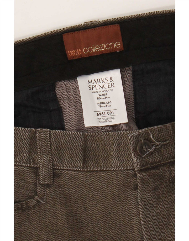Marks & Spencer Herren-Freizeithose, gerade, W34, L31, braun, Fischgrätenmuster