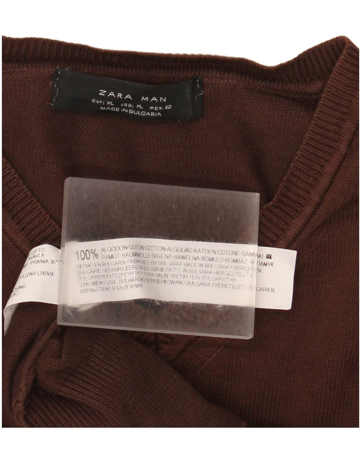 Zara Herren-Pullover mit V-Ausschnitt, XL, braune Baumwolle
