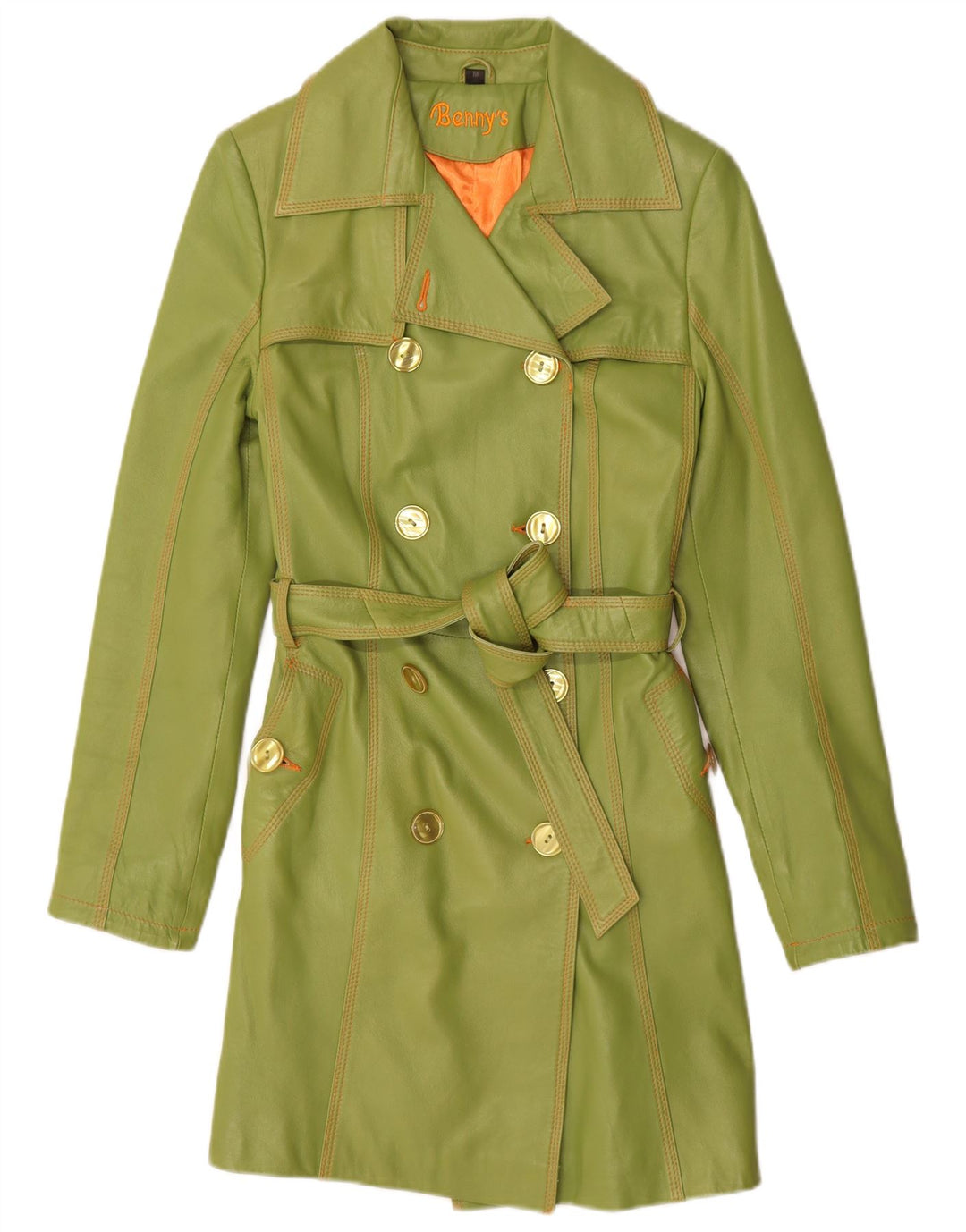 Benny's Zweireihiger Ledermantel für Damen, UK 12, mittelgrünes Leder