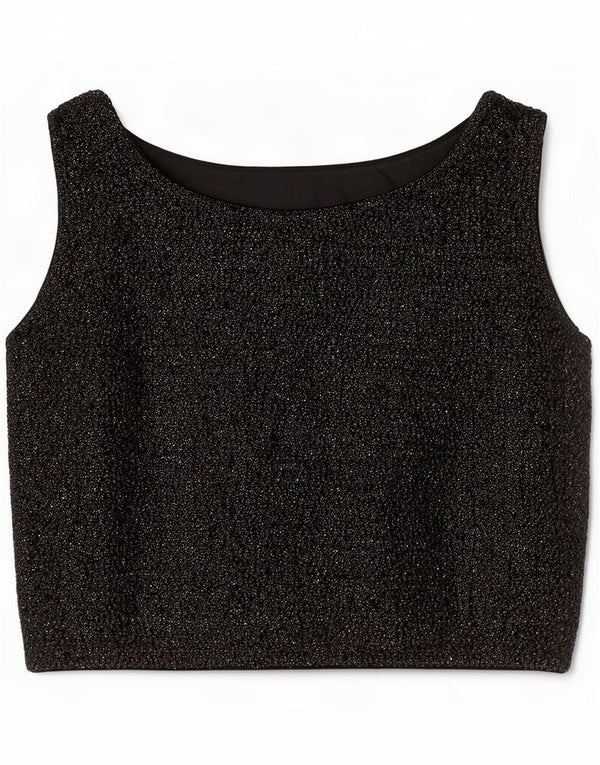 Vintage Damen Durchsichtiges ärmelloses Crop Top UK 12 Mittelschwarze Lammwolle