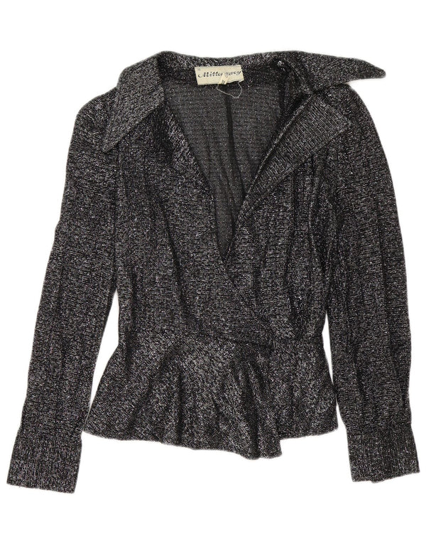 Vintage Damen Wickelbluse EU 38 Medium Schwarz gefleckt
