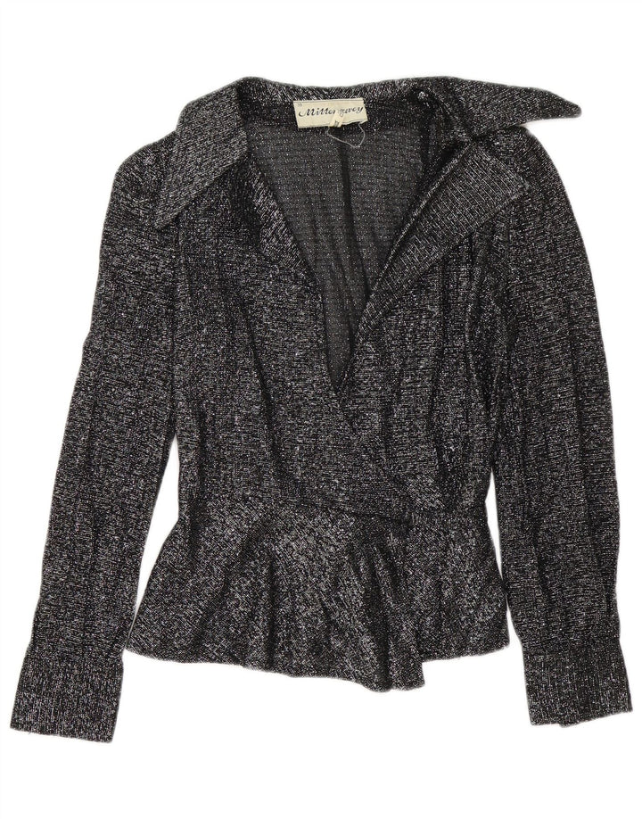 Vintage Damen Wickelbluse EU 38 Medium Schwarz gefleckt