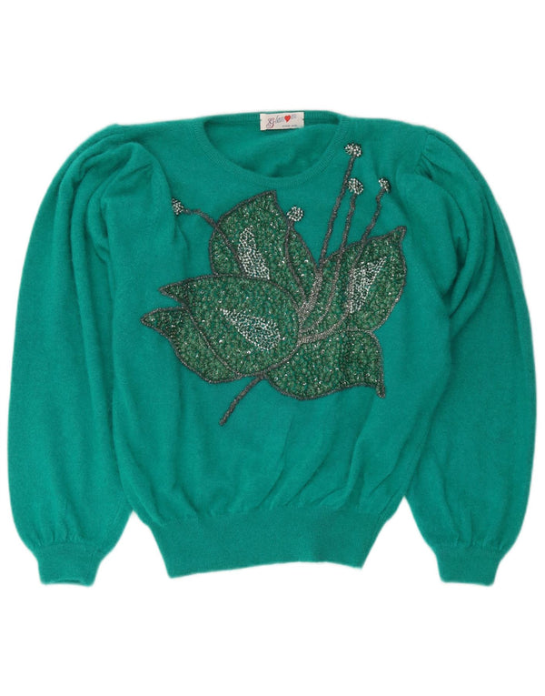 Vintage Damen Pullover mit grafischem Rundhalsausschnitt, Gr. 14, mittelgrün, geblümt