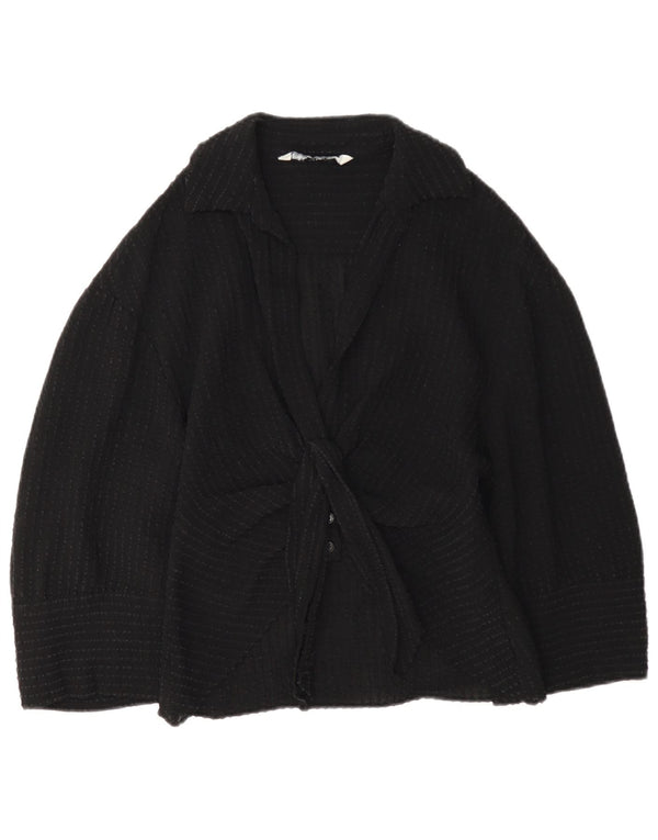 Zara Womens 3/4 Sleeve Front Tie Shirt Blouse UK 12 Medium Black Viscose