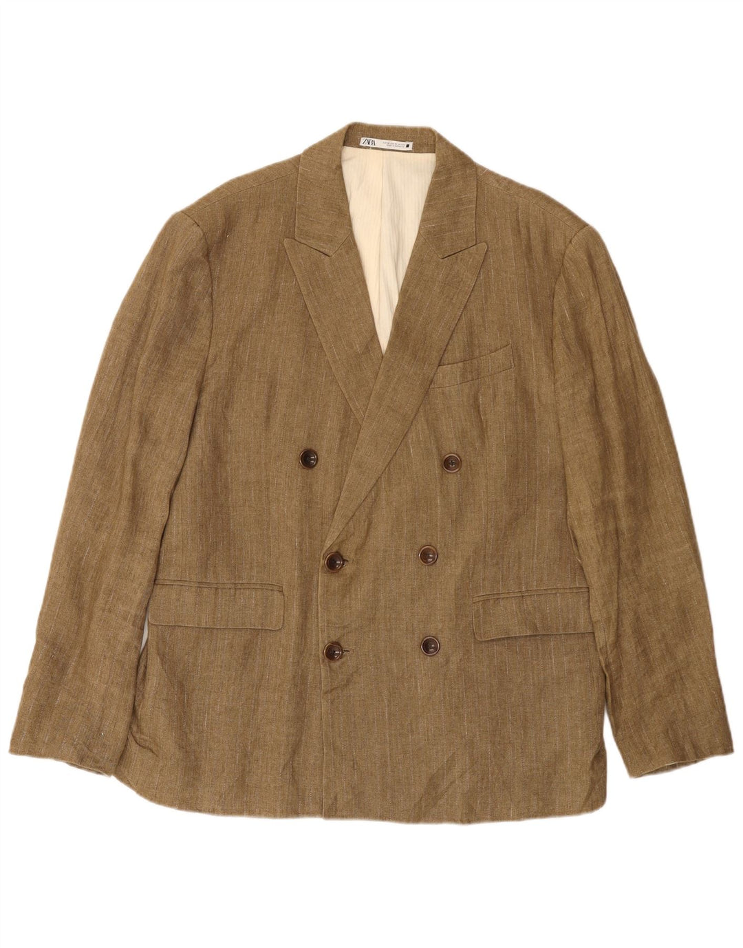Zweireihiger Herren-Blazer von Zara, EU 52, groß, beige, Nadelstreifen-Leinen