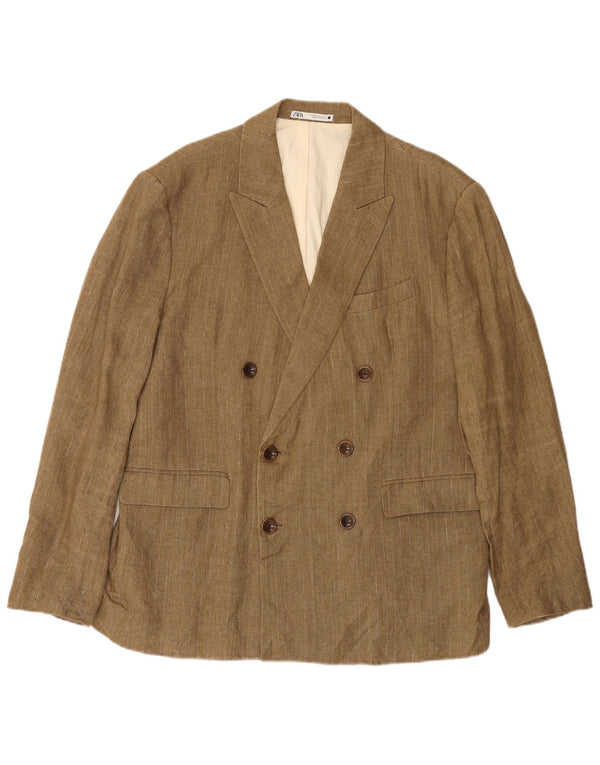 Zweireihiger Herren-Blazer von Zara, EU 52, groß, beige, Nadelstreifen-Leinen