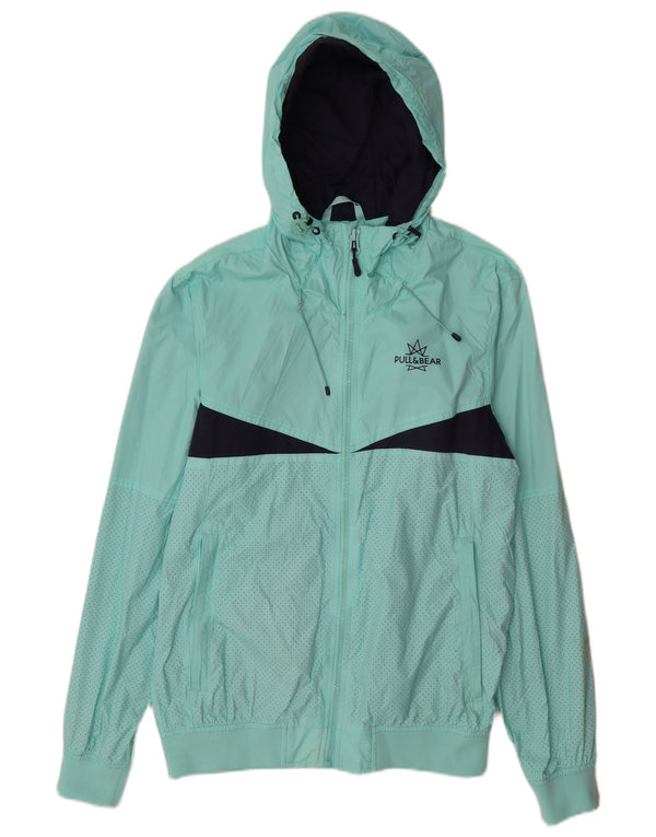 Pull & Bear Herren-Regenjacke mit Kapuze, UK 40, Größe L, türkisfarbenes Colourblock-Nylon
