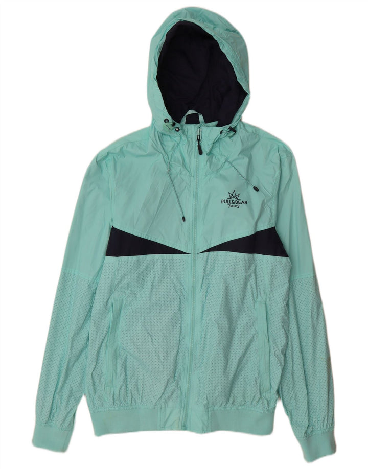 Pull & Bear Herren-Regenjacke mit Kapuze, UK 40, Größe L, türkisfarbenes Colourblock-Nylon