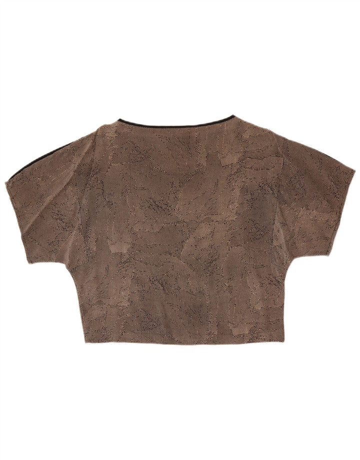 Vintage Damen Crop Bluse Top UK 14 Mittelbraun gefleckte Seide