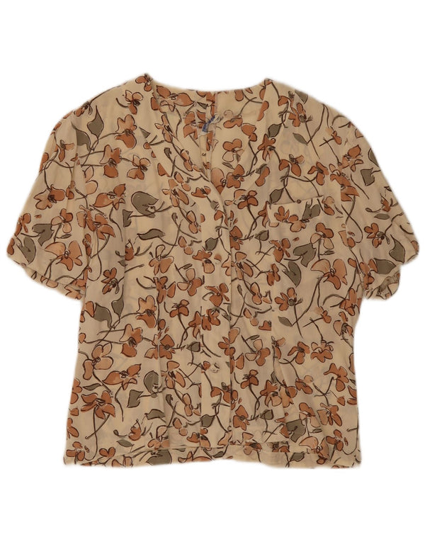Vintage Womens Short Sleeve Shirt Blouse UK 16 Large Beige Floral