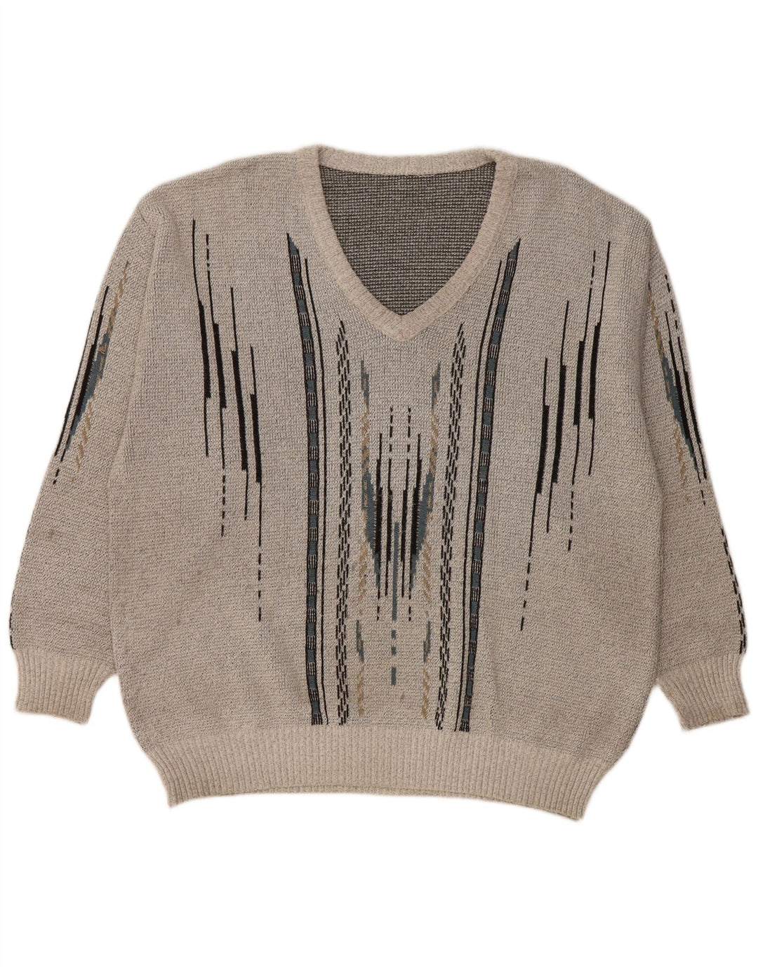 VINTAGE Herren-Pullover mit V-Ausschnitt, groß, grau, geometrisch