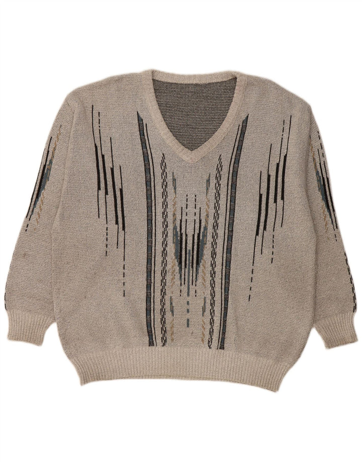 VINTAGE Herren-Pullover mit V-Ausschnitt, groß, grau, geometrisch
