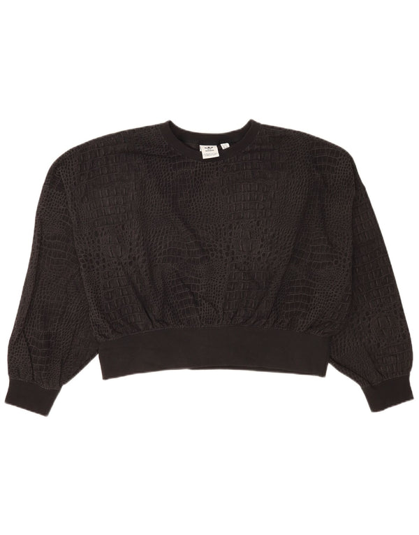 Adidas Damen Crop Sweatshirt Pullover UK 10 Small Black Animal Print Modern