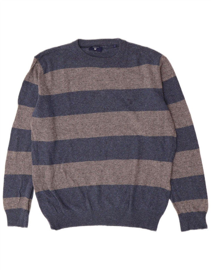 Gant Herren-Pullover mit Rundhalsausschnitt, groß, blau gestreift, Lammwolle