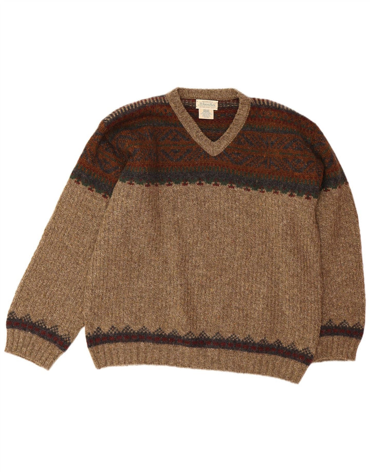 St John's Bay Herren-Pullover mit V-Ausschnitt aus mittelbeiger Fair-Isle-Wolle
