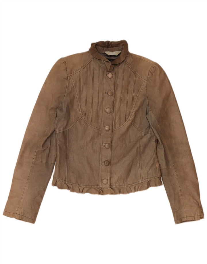 Vintage Damen Crop Lederjacke UK 10 Small Beige
