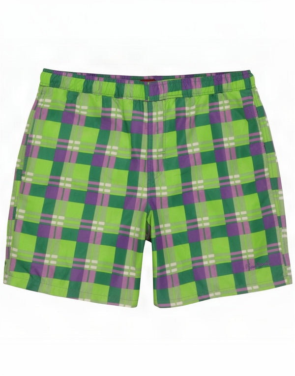 Pierre Cardin Mens Swimming Shorts Medium Green Check Polyester