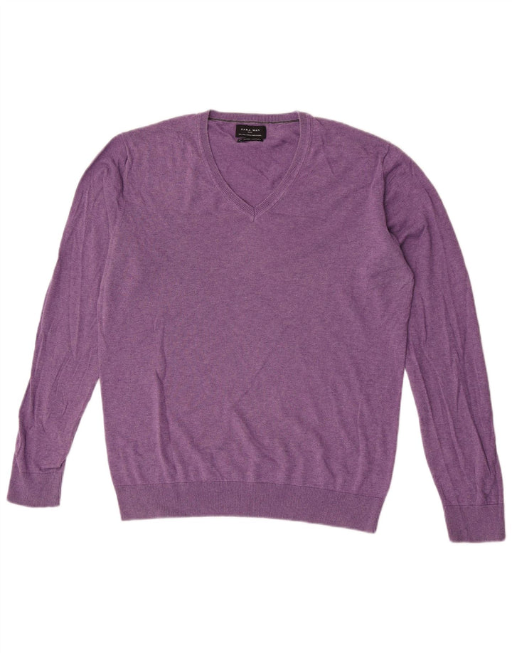 Zara Herren-Pullover mit V-Ausschnitt, Größe L, Lila, Baumwolle