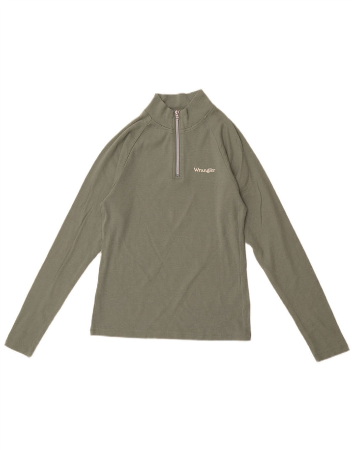 Wrangler Womens Zip Neck Top Langarm UK 12 Mittelgrüne Baumwolle
