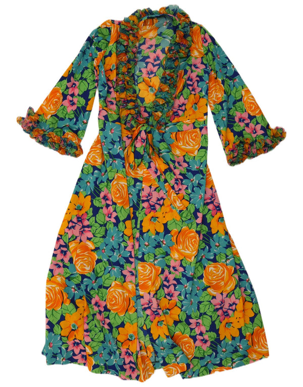 VINTAGE Damen Langarm-Maxikleid UK 14 Medium Mehrfarbig geblümt