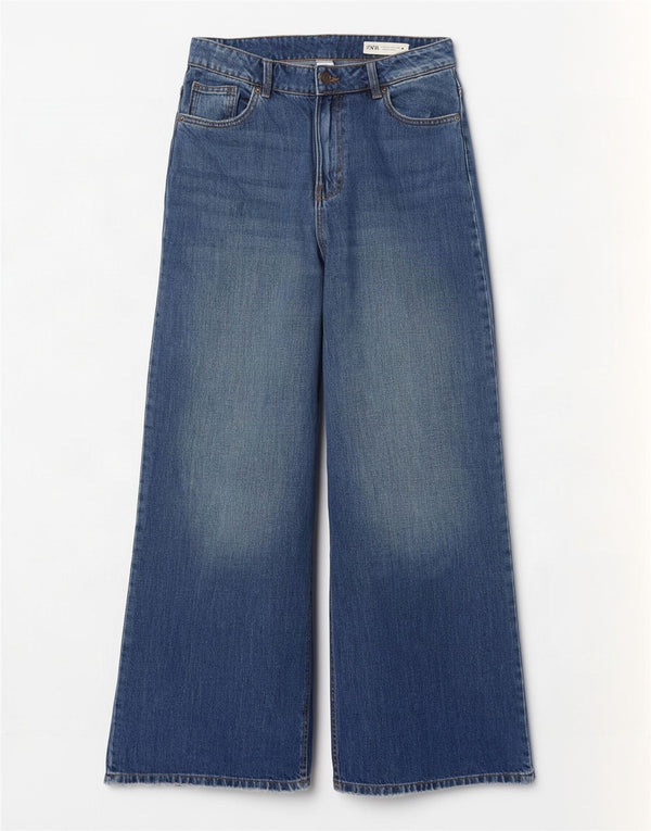 Zara Damen-Jeans mit hoher Taille und weitem Bein, EU 40, Mittel W30 L31, blaue Baumwolle