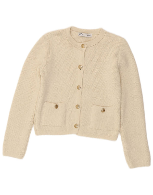 Zara Damen Crop Cardigan Pullover UK 10 Small Off White Acryl