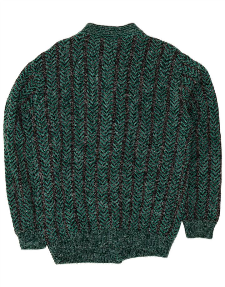 Vintage Herren-Strickjacke mit normaler Passform, Mittelgrünes Chevron-Acryl