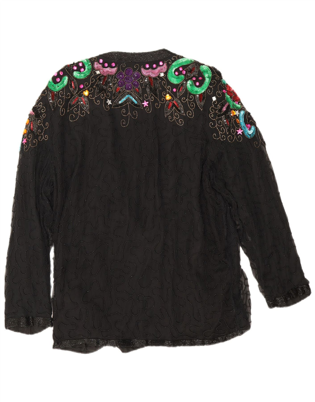 Vintage Damen Abendblazer Jacke UK 16 Große schwarze geblümte Seide