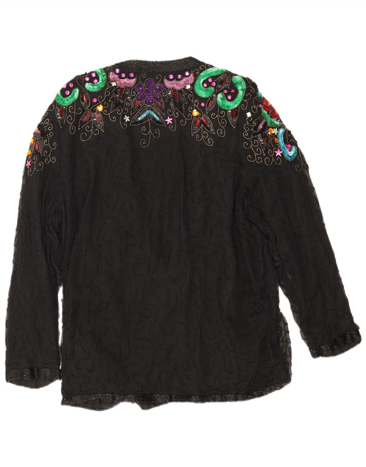Vintage Damen Abendblazer Jacke UK 16 Große schwarze geblümte Seide