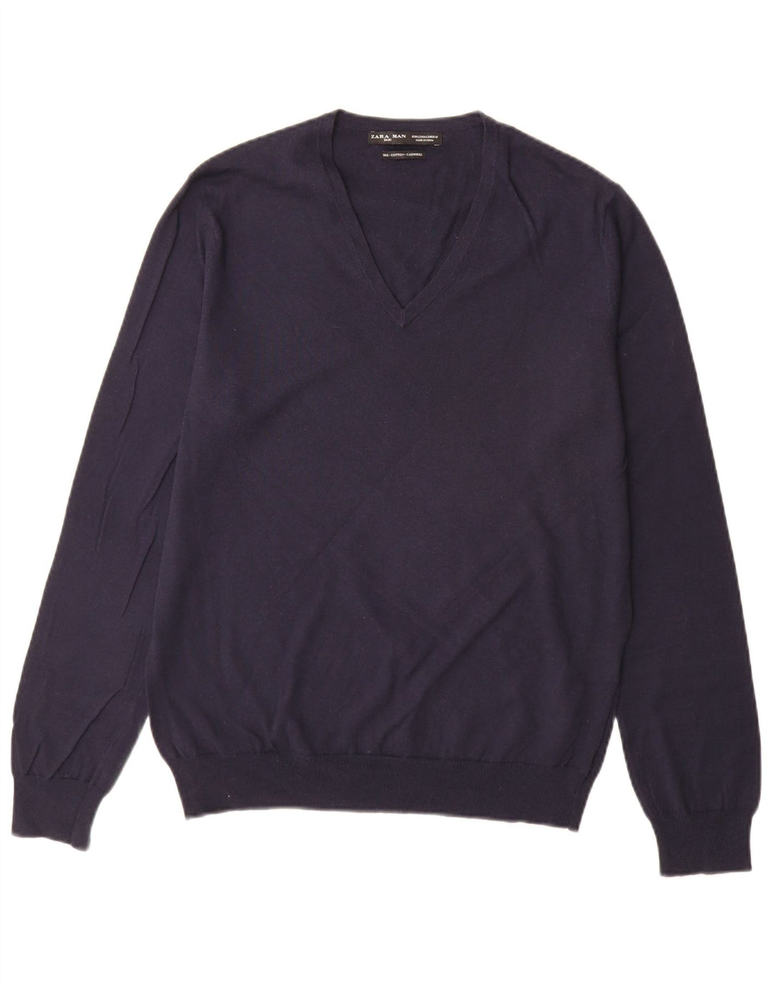 Zara Herren-Pullover mit V-Ausschnitt, groß, marineblaue Baumwolle