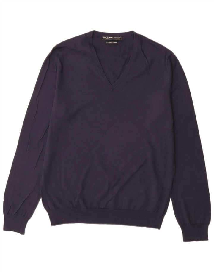 Zara Herren-Pullover mit V-Ausschnitt, groß, marineblaue Baumwolle