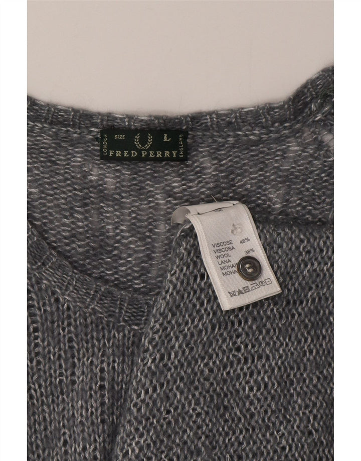 Fred Perry Damen-Cardigan-Pullover UK 14 Große grau gefleckte Viskose
