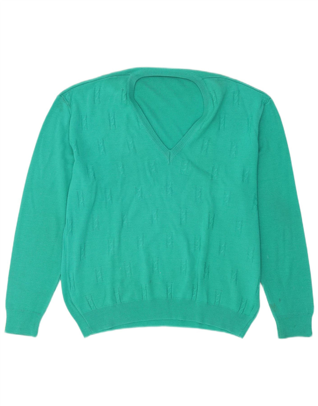 Vintage Herren Pullover mit V-Ausschnitt, große türkisfarbene Wolle