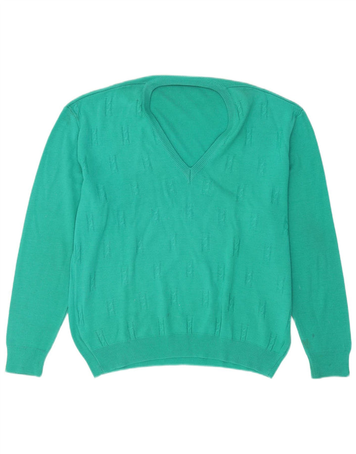 Vintage Herren Pullover mit V-Ausschnitt, große türkisfarbene Wolle