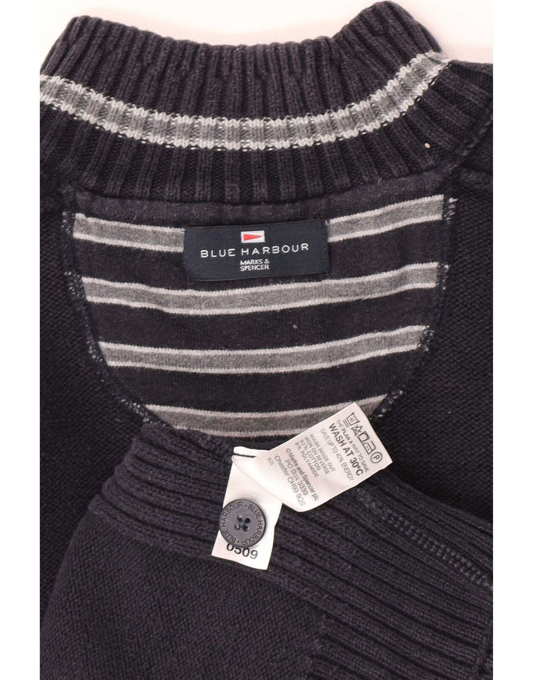 Marks & Spencer Herren Blauer Harbour-Pullover mit Knopfkragen, XL, Marineblau, Baumwolle