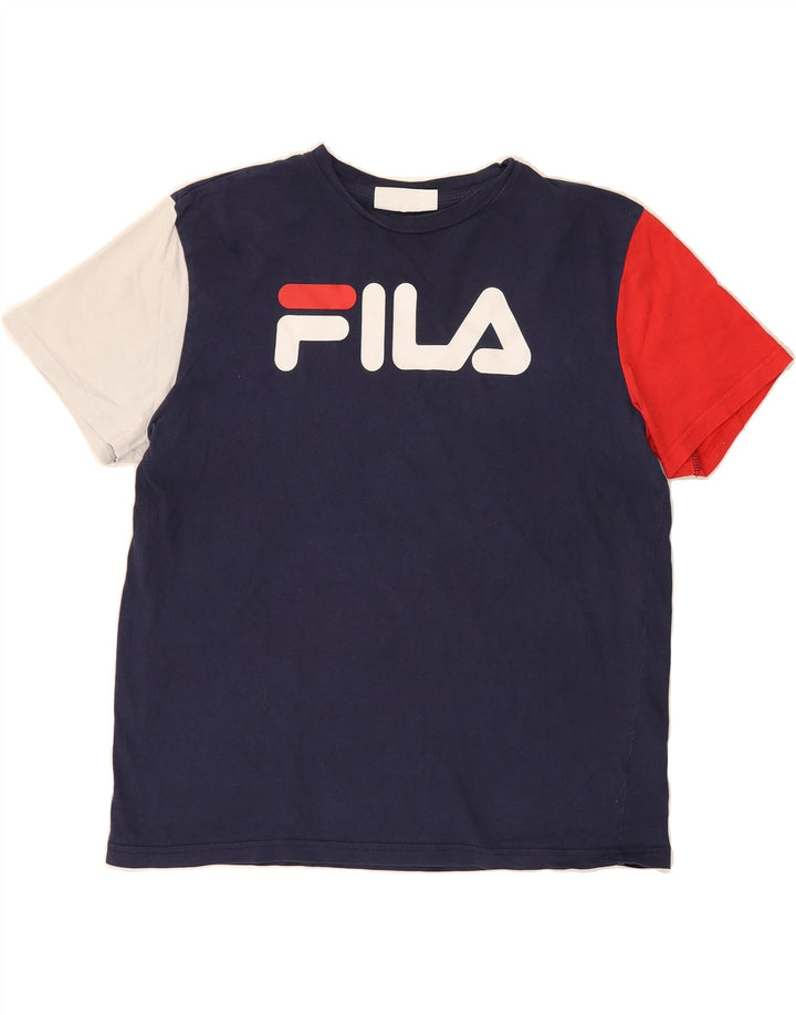 FILA Mens Graphic T-Shirt Top Medium Navy Blue Colourblock Cotton Vintage Fila and Second-Hand Fila from Messina Hembry 