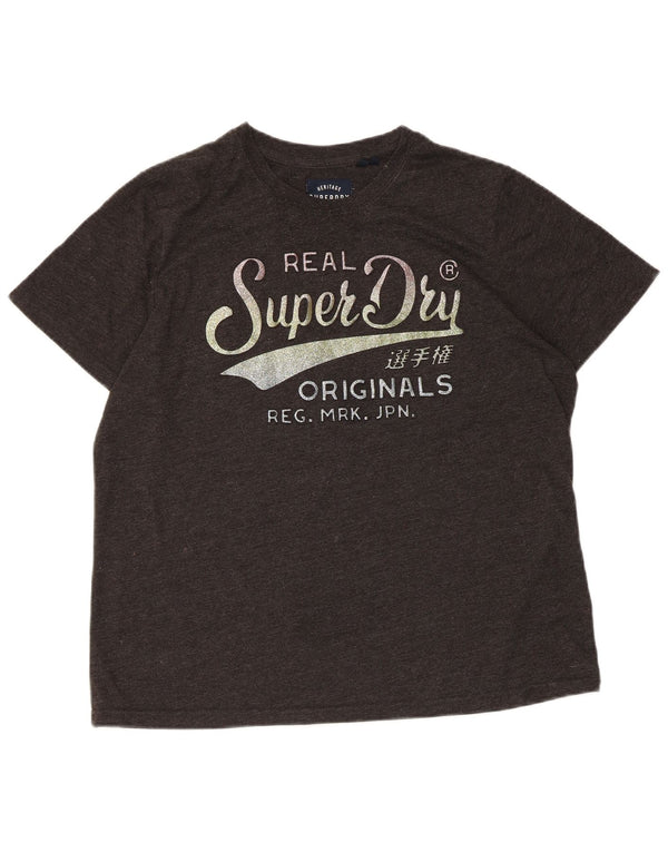 SUPERDRY Grafik-T-Shirt-Oberteil für Damen, UK 16, Größe L, grau gesprenkelte Baumwolle