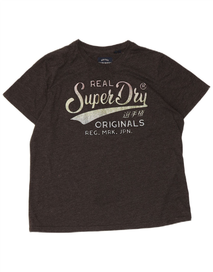 SUPERDRY Grafik-T-Shirt-Oberteil für Damen, UK 16, Größe L, grau gesprenkelte Baumwolle