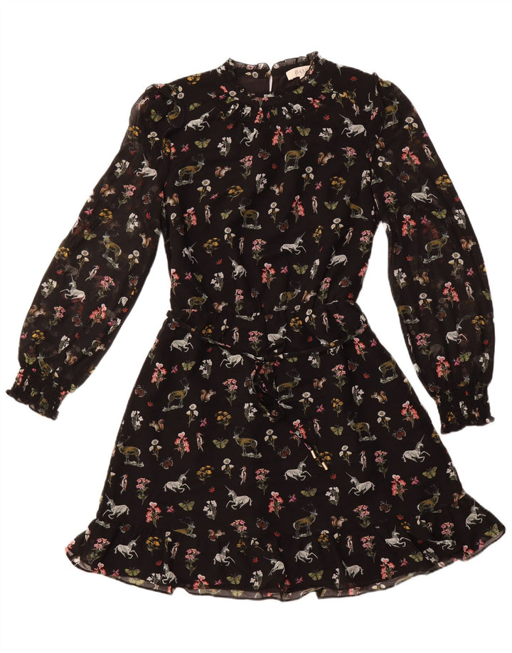 OASIS Langarm-A-Linien-Kleid für Damen, UK 12, Mittelschwarz, Blumenmuster, Polyester