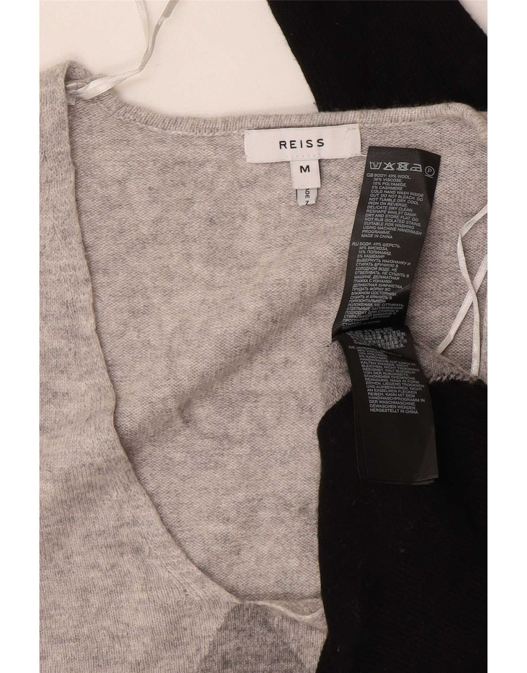 Reiss Damen-Pullover mit V-Ausschnitt, UK 14, mittelgraue Colourblock-Wolle