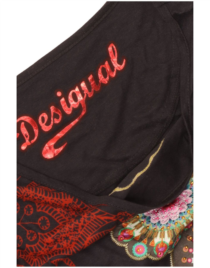 Desigual Damen Graphic Top Langarm UK 12 Medium Schwarz Blumenmuster