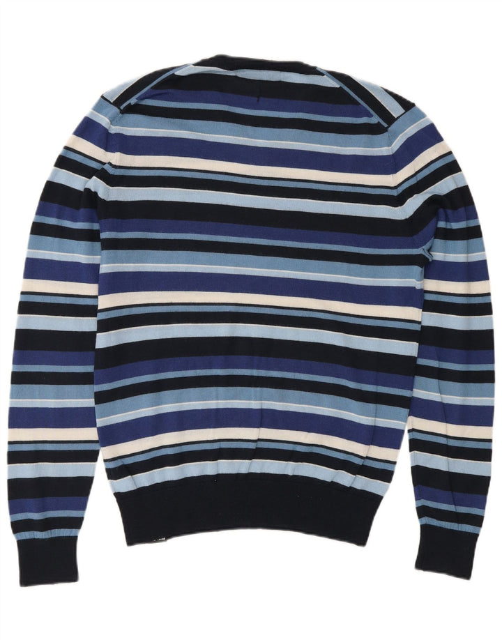 Rifle Herren-Pullover mit V-Ausschnitt aus mittelblauer, gestreifter Wolle