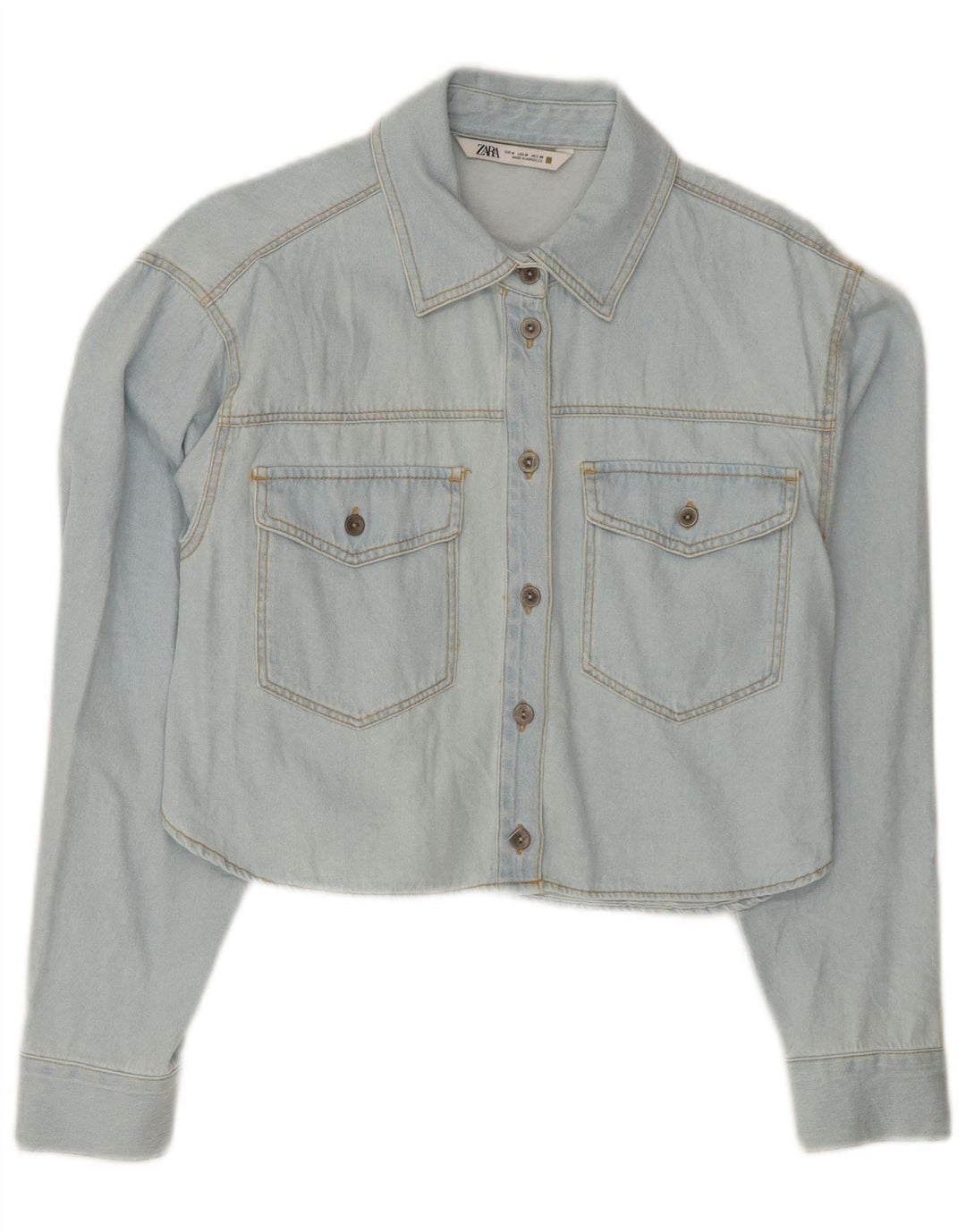 Zara Damen Crop Denim Shirt UK 14 Mittelblaue Baumwolle