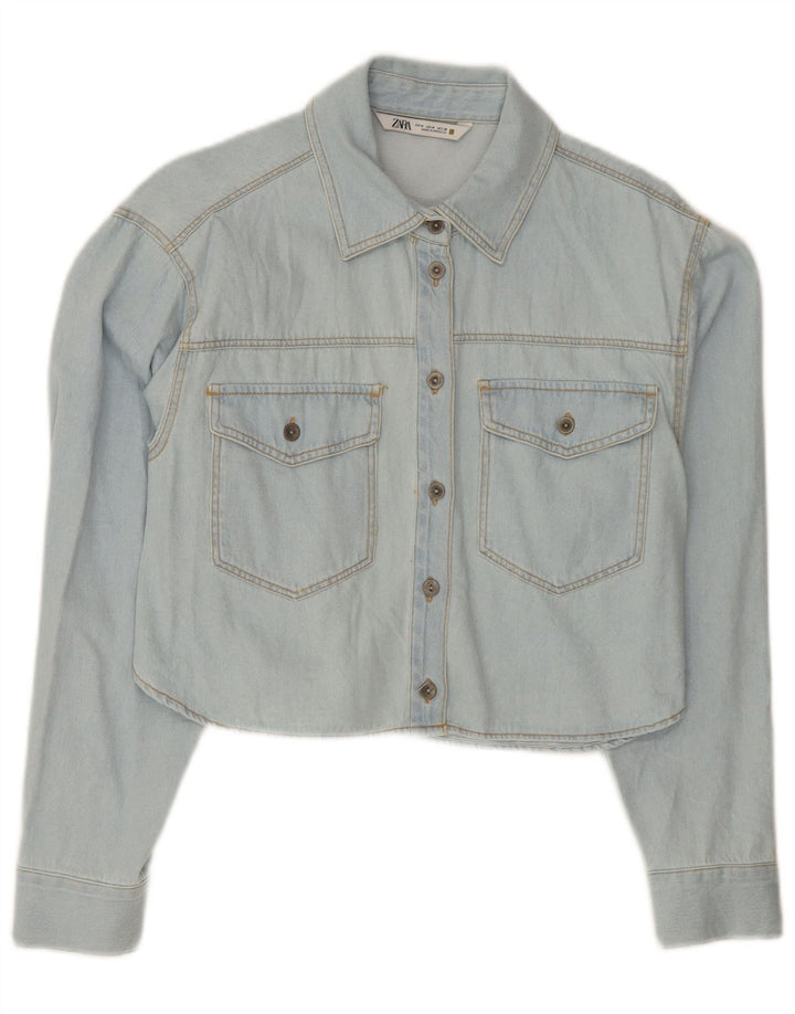 Zara Damen Crop Denim Shirt UK 14 Mittelblaue Baumwolle