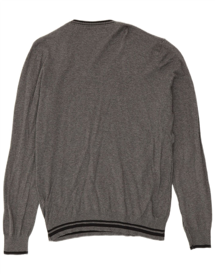 Zara Herren-Pullover mit V-Ausschnitt, groß, grau gestreift, Baumwolle