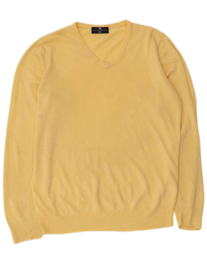 Marks & Spencer Herren Blauer Harbour-Pullover mit V-Ausschnitt Mittelgelb