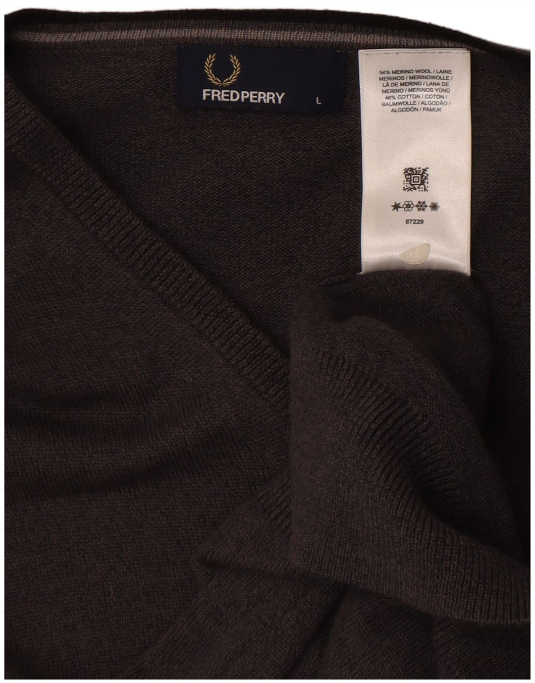 Fred Perry Herren-Pullover mit V-Ausschnitt, groß, graue Merinowolle
