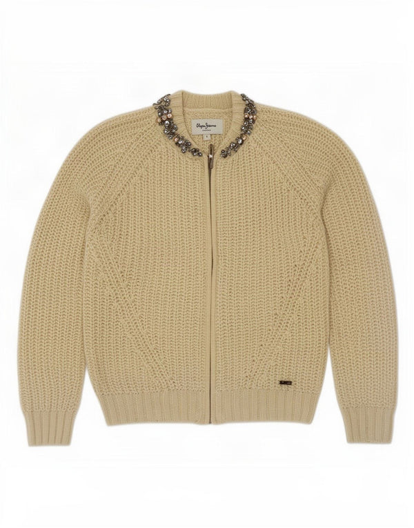 PEPE Jeans Damen-Cardigan-Pullover UK 10 Small Beige Floral Wool