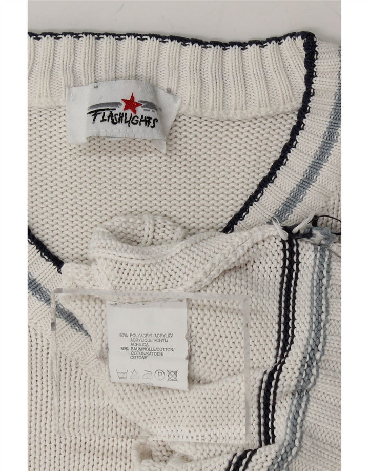 FLASH LIGHTS Mens V-Neck Jumper Sweater Medium White Striped Polyacrylic Vintage Flash Lights and Second-Hand Flash Lights from Messina Hembry 