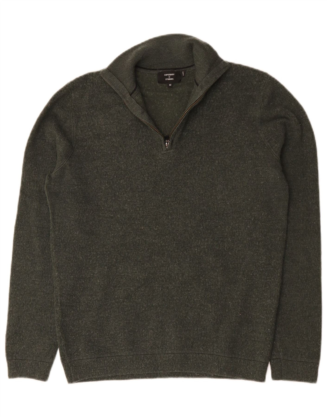 Superdry Herren-Pullover mit Reißverschluss am Hals, mittlerer Khaki-Merinowolle